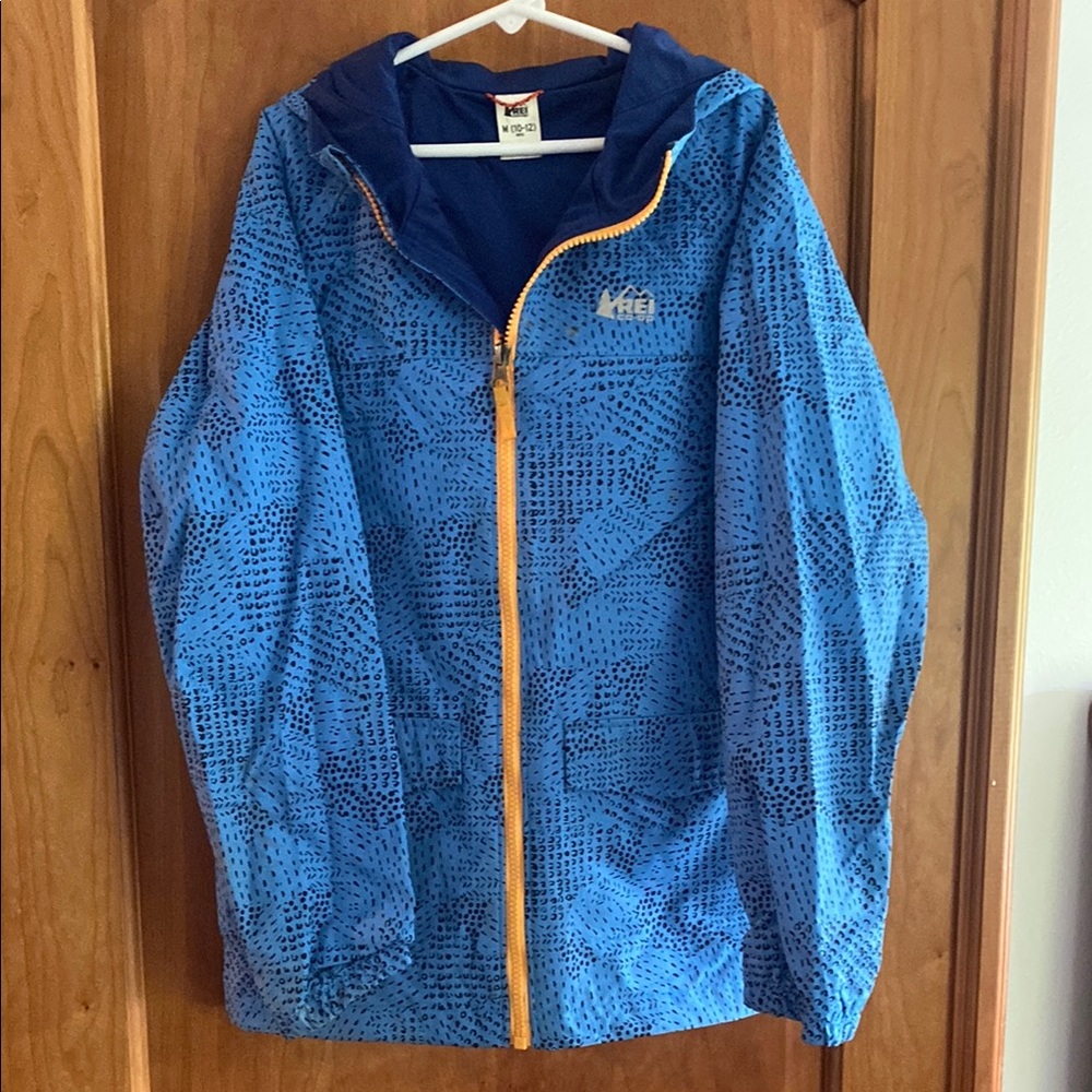 REI Blue and Orange Raincoat with Hood and Water-Resistant Material